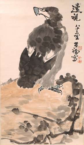 LI KUCHAN: COLOR AND INK ON PAPER 'EAGLE' PAINTING