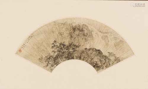 A CHINESE INK ON PAPER 'LANDSCAPE' FAN PAINTING