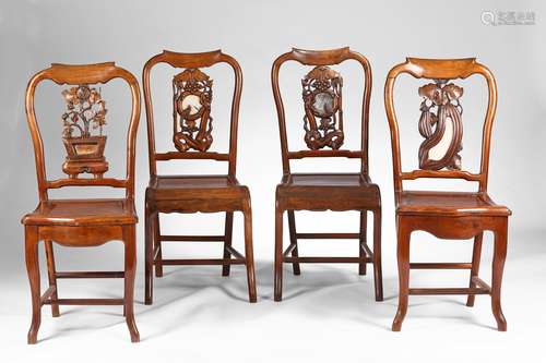 A SET OF FOUR HARDWOOD MARBLE INLAID CHAIRS