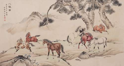 PU JIN: COLOR AND INK ON PAPER 'HORSES' PAINTING