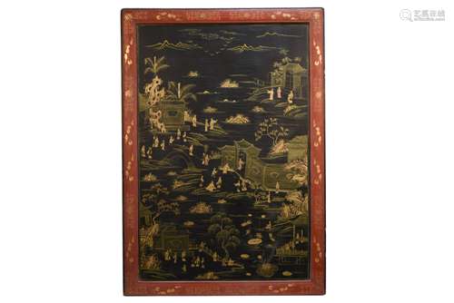 A BLACK LACQUERED GILT-PAINTED 'FU' LANDSCAPE HANGING PANEL