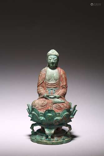 A PAINTED BRONZE FIGURE OF AMITABHA