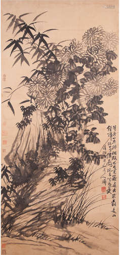 Chinese Flower Painting Paper Scroll, Shi Tao Mark