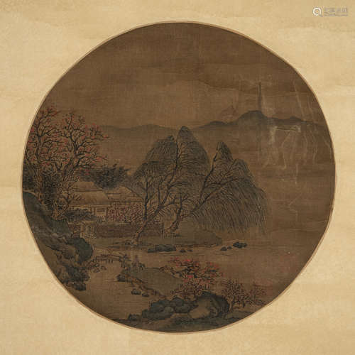 Chinese Landscape Round Painting On Silk, Anonymous