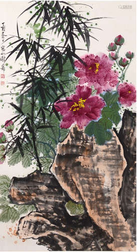 Chinese Flower Painting Paper Scroll, Xie Zhiliu Mark