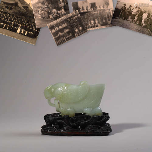 Carved Hetian Jade Parrot Cup, with Wood Stand