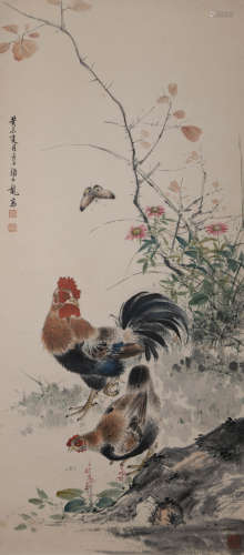 Chinese Rooster Painting Paper Scroll, Yan Bolong Mark