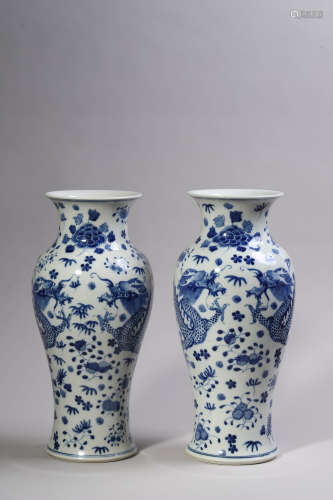 Pair of Blue and White Dragon Vases
