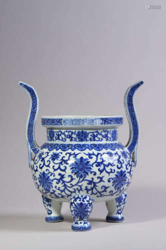 Blue and White Lotus Tripod Censer