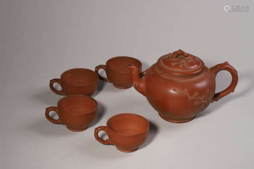 Set of Zisha Pot and Cups Marked Gu Jingzhou