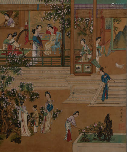 Chinese Lady Painting Silk Scroll, Qiu Ying Mark