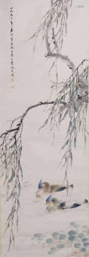 Chinese Mandarin Ducks Painting Paper Scroll, Wu Qingxia Mar...
