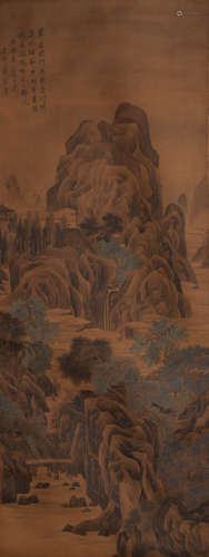 Chinese Landscape Painting Silk Scroll, Tang Yin Mark