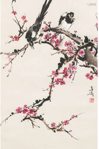 Chinese Red Prunus Painting Paper Scroll, Wang Xuetao Mark