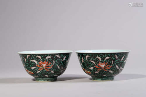 Black Glaze and Green Enamel Lotus Bowls