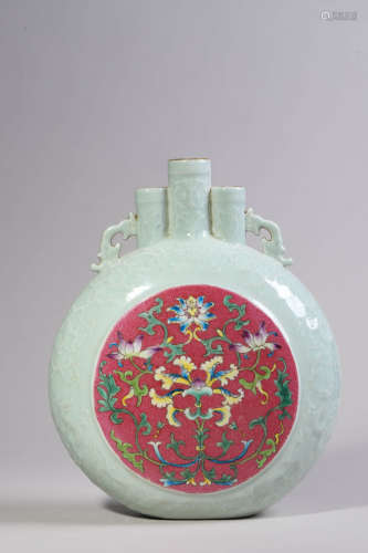 Famille Rose and Celadon Glaze Moon Flask