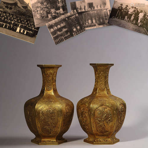 Pair of Gilt Bronze Flower&Bird Hexagonal Vases