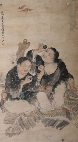 Chinese Figure Painting Paper Scroll, Ren Yu Mark
