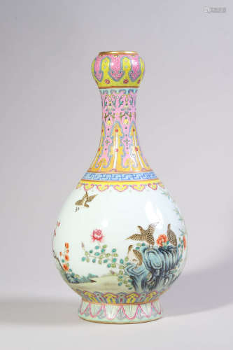 Famille Rose Flower and Bird Garlic-Head Vase