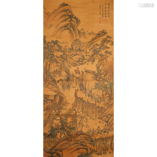 Chinese Traveling Painting Silk Scroll, Wang Hui Mark
