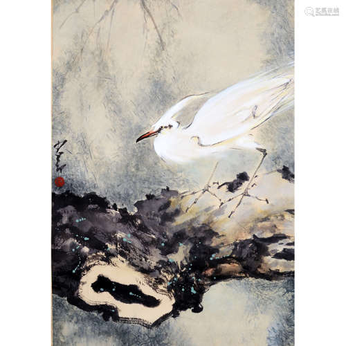 Chinese Egret Painting Paper Scroll, Zhao Shaoang Mark