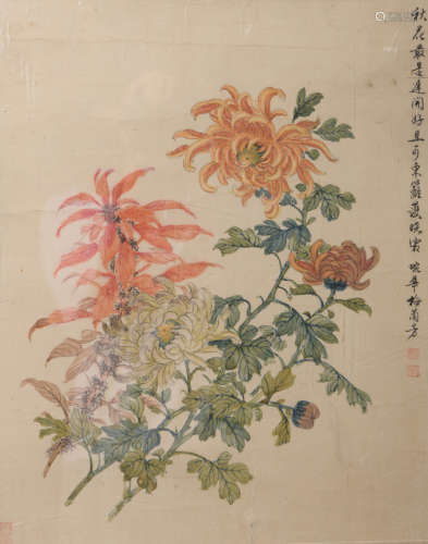 Chinese Flower Painting On Silk, Mei Lanfang Mark