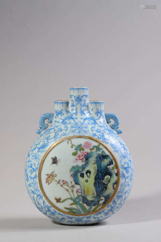 Blue and White and Famille Rose Flower Moon Flask