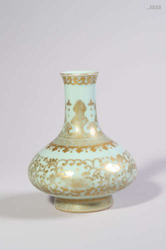 Gilt Decorated Celadon Glaze Lotus Bottle Vase