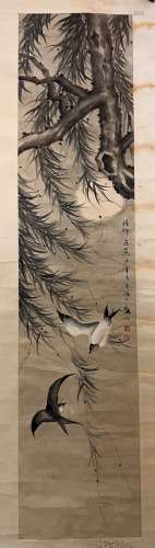 Chinese Willow and Swallow Painting, Huang Xingwu Mark