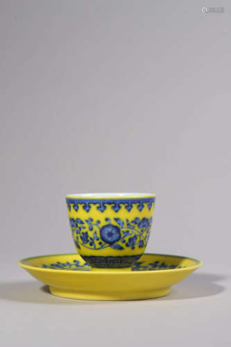 Yellow-Ground and Underglaze Blue Cup and Saucer