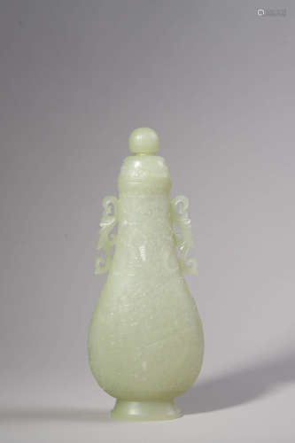 Carved Hetian Jade Flower and Chilong-Eared Vase