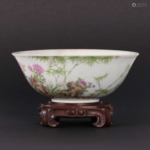 A Chinese Enamel Flower Pattern Porcelain Bowl With Wood Sta...