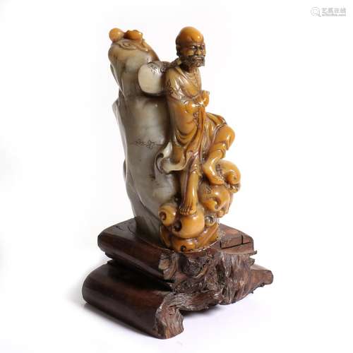 A Chinese Soap Stone Carved Figure With Wood Stand