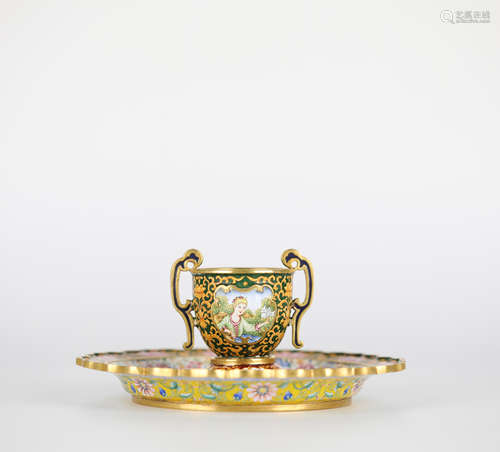 Bronze painted enamel plate and cup, 18th