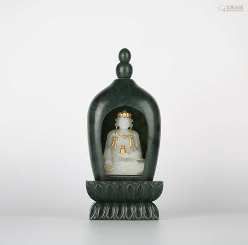 China Hotan White Jade and Jasper, Golden Buddha Statue, Qin...