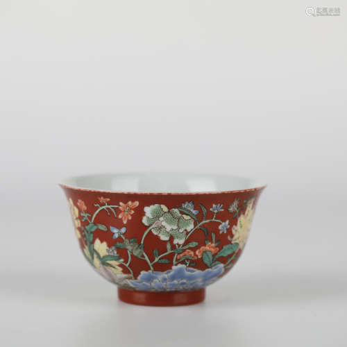 Kangxi Coral red ground multicolored flower bowl