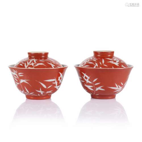 A Pair Of Chinese Coral Glazed Porcelain Cups With Covers