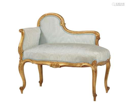 A French giltwood and watered silk upholstered window seat i...