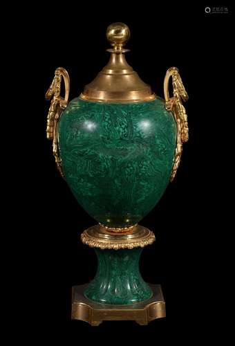 A simulated malachite porcelain and gilt metal mounted urn o...