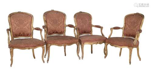 A harlequin set of four Louis XV giltwood and upholstered fa...