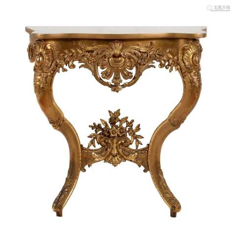 A French giltwood, composition and marble topped console tab...