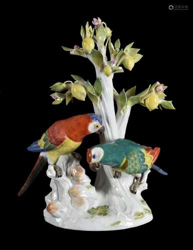 A Meissen group of parrots