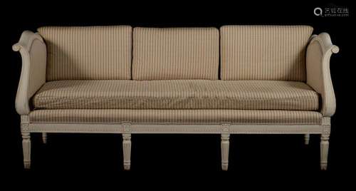 A Swedish white painted and stripe upholstered sofa