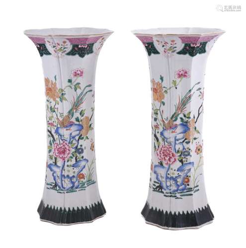 A large pair of Famille Rose beaker vases