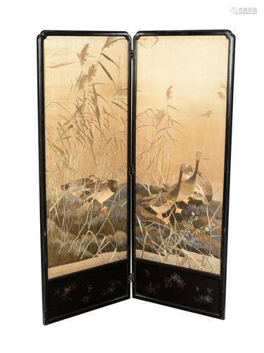 A Japanese painted and embroidered screen