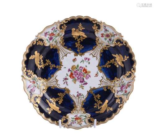 A Chelsea blue-ground and gilt plate