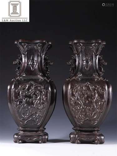 A Pair of Zitan Wood Dragon Patterned Vases