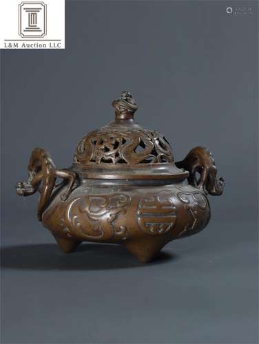 A Chinese Bronze Double Beast Ear Incense Burner