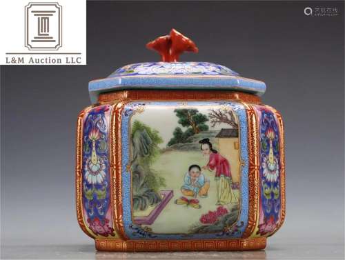 A Chinese Famille Rose Porcelain Figure Lidded Jar