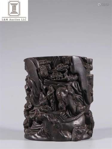 A Chinese Zitan Wood Brush Pot with Figure & Story